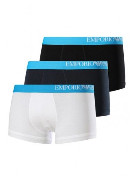 Bóxer Emporio Armani Stretch Cotton -Pack de 3- (Blanco, Negro y Marino con Cinturilla Azul)