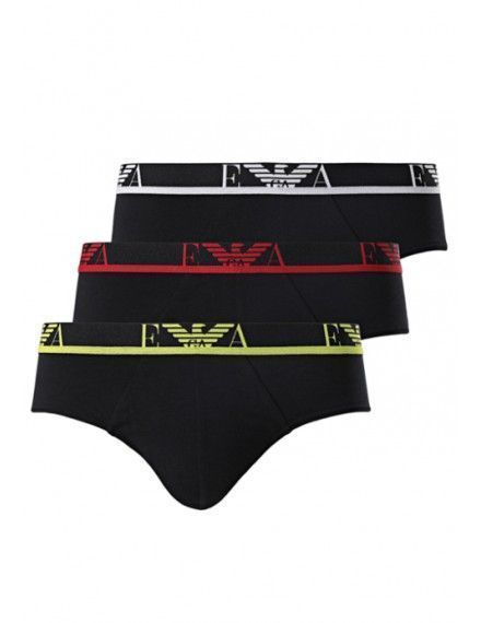 Slip Emporio Armani -3 Pack- Stretch Cotton (Negro Logo Rojo, Blanco y Amarillo)