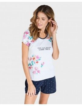 Pijama feminino Massana algodão manga curta estampado (Turquesa)