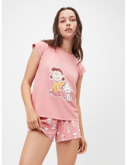 Pijama corto de mujer Gisela Estampado Snoopy (Rosa)