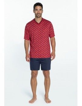 Pijama Masculino Guasch Tecido Ponto Estampado Bilhar (Vermelho e Azul)