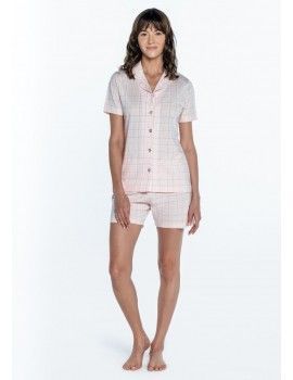 Pijama de Mulher Guasch Tecido Pontilhado em Quadrados (Rosa)