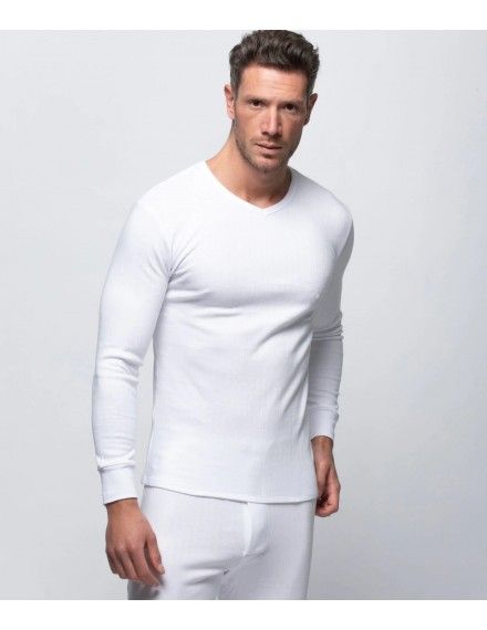 Camiseta interior térmica Abanderado 100% Algodón Cuello V manga larga (blanca)