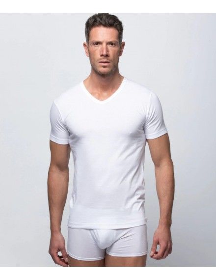 Camiseta interior Abanderado 100% Algodón Cuello V manga corta (blanca)