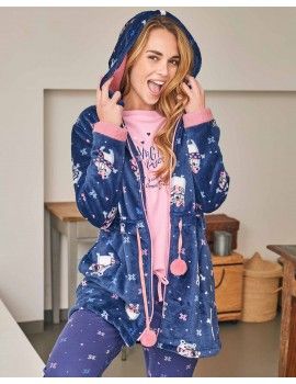 Roupão Feminino Massana Tecido Polar Estampado Ursinhos (Azul)