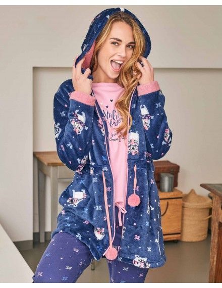 Bata de Mujer Massana Tejido Polar Estampado Ositos (Azu)