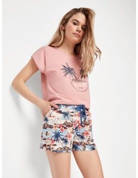 Pijama curto feminino Gisela Estampado Polynesia (Rosa)