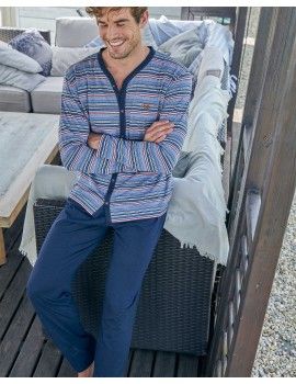 Pijama Longo Massana Aberto de Meia Estação às Riscas (Marinho)