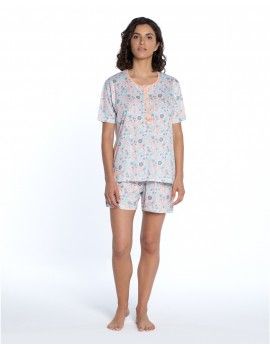 Pijama Curto Feminino Guasch Tecido de Malha estampado Flores (Branco)