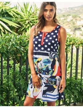 Camisola Feminina Massana Sem Mangas Estampada em Poá (Marinho)