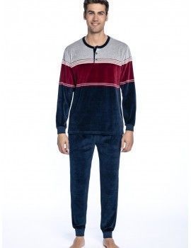 Pijama de Homem Guasch de Veludo às Riscas e Liso (Marinho)