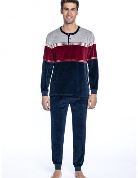 Pijama de Hombre Guasch de Terciopelo a Rayas y Liso (Marino)