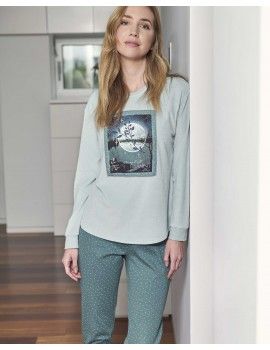 Pijama feminino Massana Tecido Misto Estampado Noite (Verde)