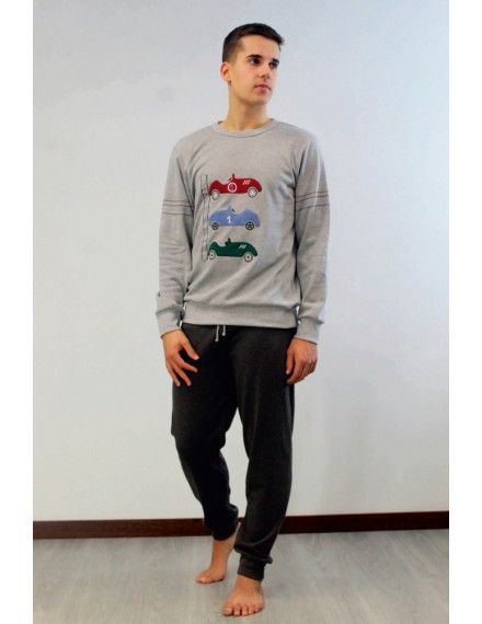 Pijama de Hombre Sónia Tejido Punto Afelpado Bordado Coches (Gris)