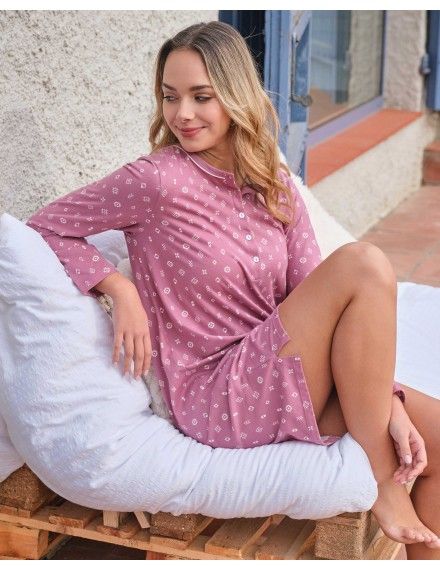 Camisón de Mujer Massana Manga Larga Algodón Microestampado (Rosado)