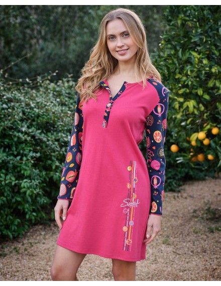 Camisón de Mujer Massana Manga Larga Algodón Estampado (Fucsia)
