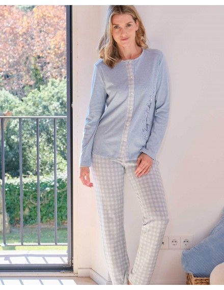Pijama de Mujer Massana Abierto Tejido Jacquard Vichy e Interlock (Celeste)