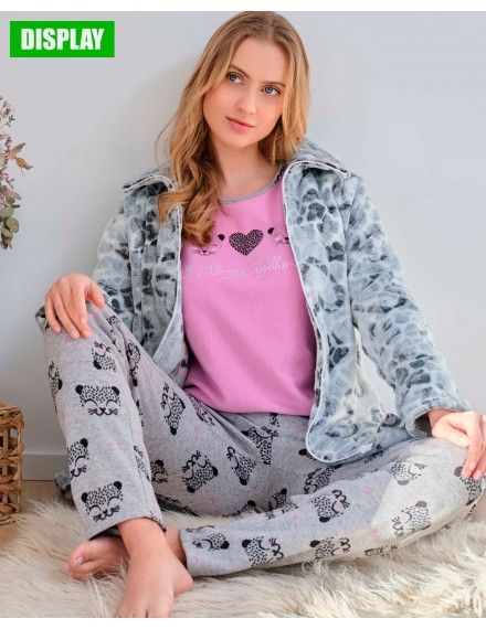 Bata curta feminina Massana Tecido Polar Estampado Nights (Cinza e Rosa)