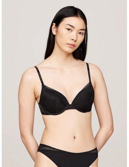 Sujetador Tommy Hilfiger Escote Pronunciado Push-Up Encaje Floral (Negro)
