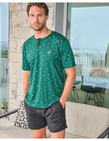 Pijama Corto de Hombre Massana Algodón y Viscosa Microestampado (Verde)