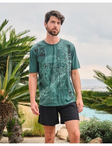 Pijama Corto de Hombre Massana Algodón Estampado Islas (Verde)