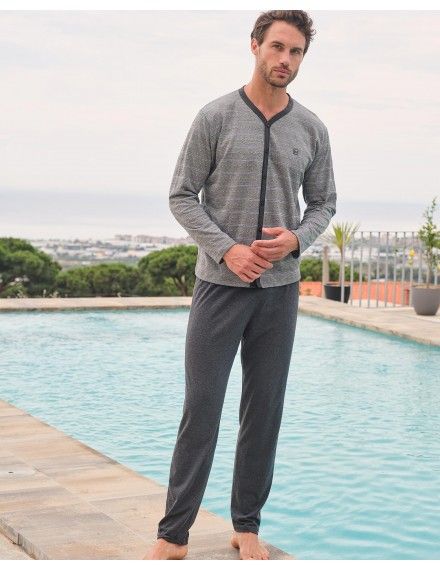 Pijama Largo de Hombre Massana Abierto de Entretiempo Punto Jacquard (Gris)