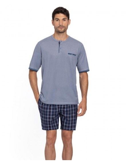 Pijama Corto de Hombre Guasch Tejido Mixto Jersey-Popelín (Azul)