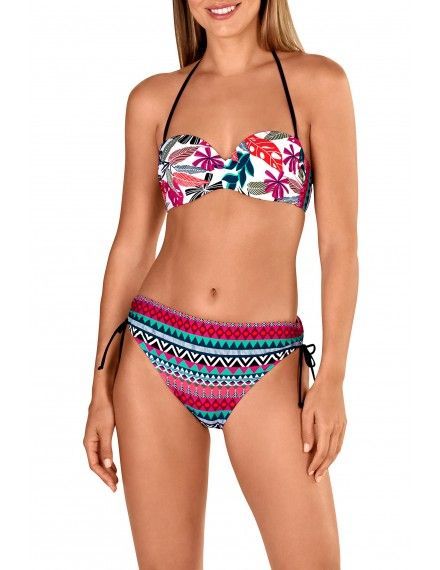 Bikini Tamouré Bandeau con Aros y Braguita Bikini (Blanco Estampado Selva Geométrico)