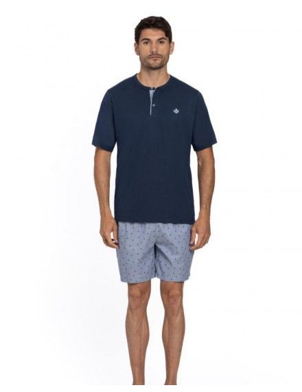 Pijama Corto de Hombre Guasch Tejido Mixto Jersey-Popelín (Azul Liso y Estampado)