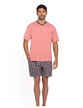 Pijama Corto de Hombre Guasch Tejido Mixto Jersey-Popelín (Salmón)
