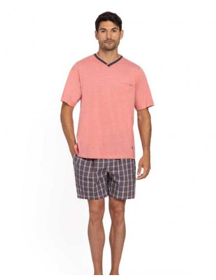 Pijama Corto de Hombre Guasch Tejido Mixto Jersey-Popelín (Salmón)
