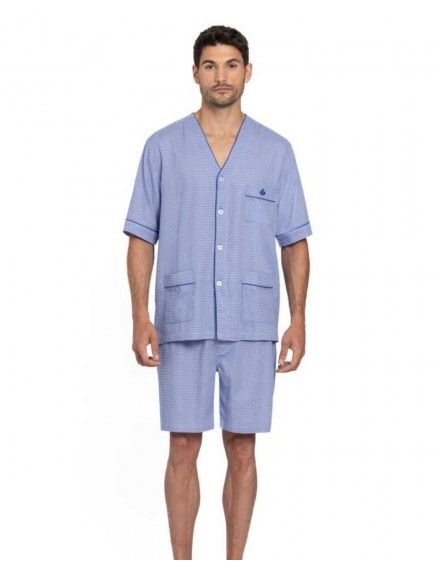 Pijama Corto de Hombre Guasch Abierto Popelín Estampado Círculos (Azul)