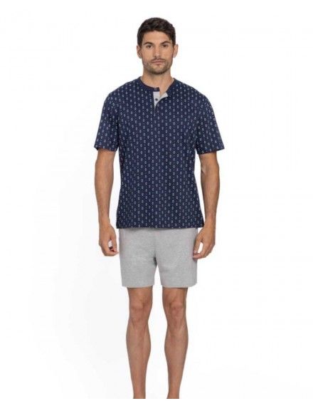 Pijama Corto de Hombre Guasch Tejido Jersey Liso y Estampado Vespa (Marino)