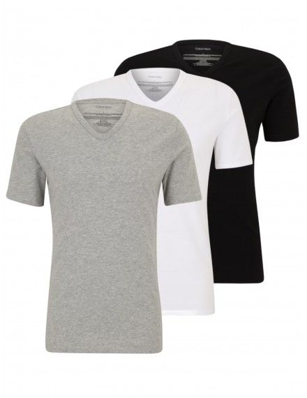 Camiseta Calvin Klein -3 Pack- Cotton Stretch Logo Cuello Pico (Blanco, Negro y Gris)