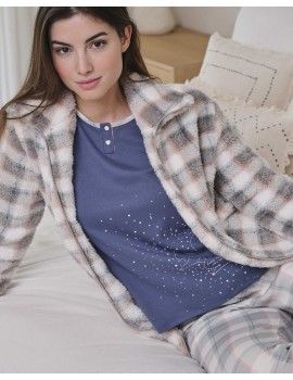 Bata Corta de Mujer Massana Tejido Polar Estampado Cuadros (Gris)