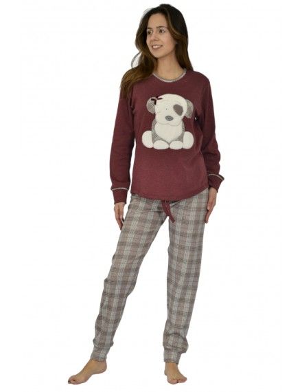Pijama de Mujer Sónia Tejido Punto Afelpado Estampado Perro (Granate)