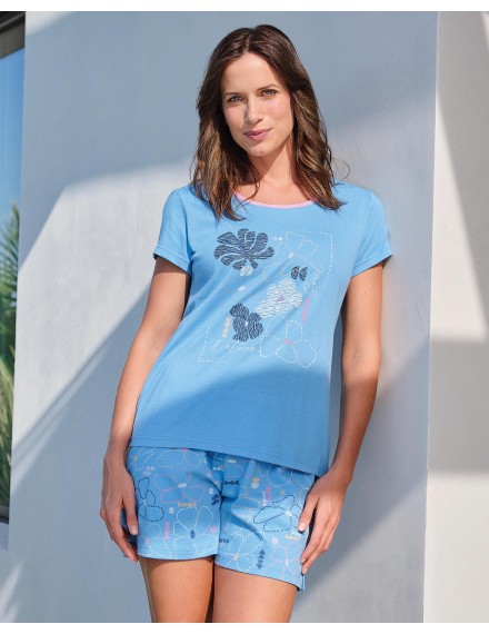 Pijama Corto de Mujer Massana Algodón Estampado Floral (Azul)