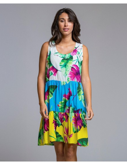 Vestido Señoretta Sin Mangas Estampado Tropical