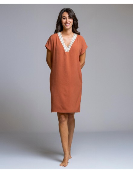 Vestido Señoretta Manga Caída Con Bolsillos (Teja)