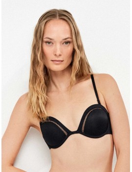 Bikini Gisela Bandeau Escote pronunciado y Braguita Bikini Detalles Calados (Negro)