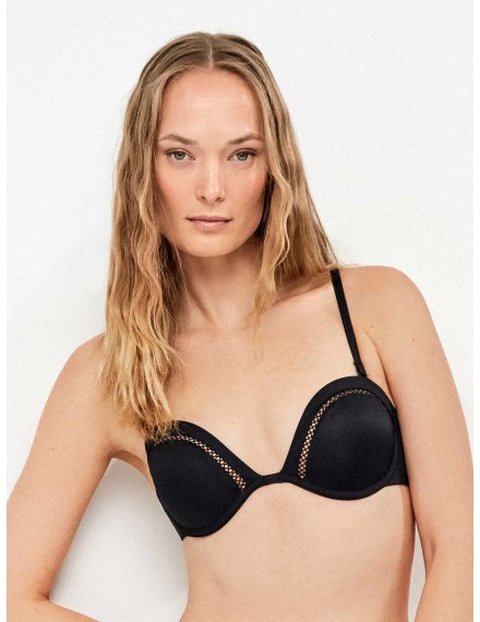 Bikini Gisela Bandeau Escote pronunciado y Braguita Bikini Detalles Calados (Negro)