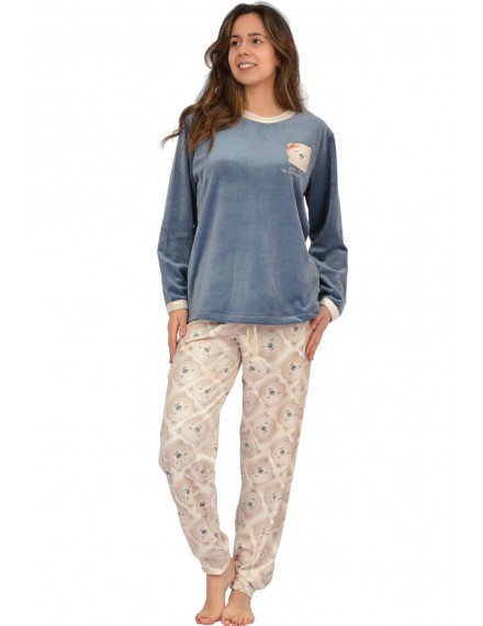 Pijama de Mujer Sónia Tejido Polar Bordado Osito (Azul)