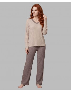 Pijama de Mujer Señoretta Tejido Canalé Lúrex Cuello de Pico (Camel)