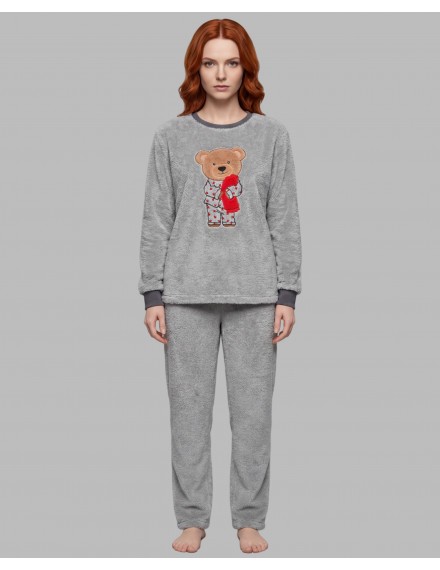 Pijama de Mujer Señoretta Tejido Coralina Bordado Osito (Gris)
