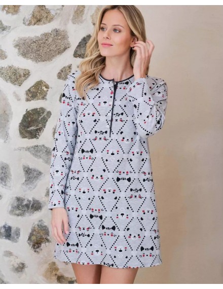 Camisón de Mujer Massana Manga Larga Estampado Caritas (Gris)